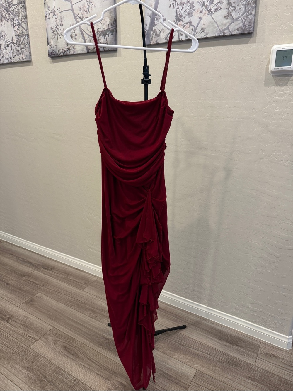 SHEIN Burgundy Draped Ruffle Maxi Dress